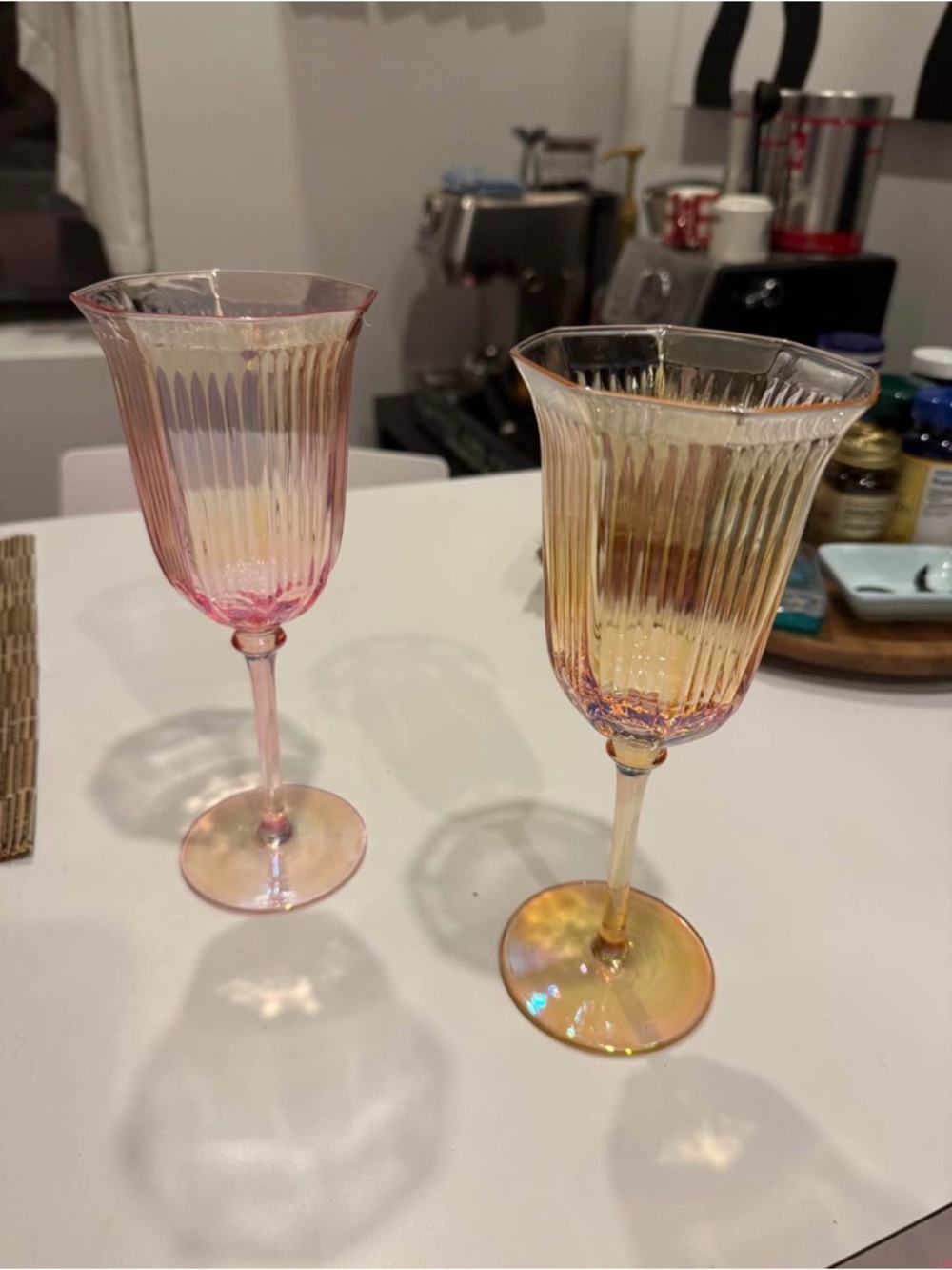 Anthropologie Pink and Amber Ribbed Glass Wine Goblets (Set of 2)